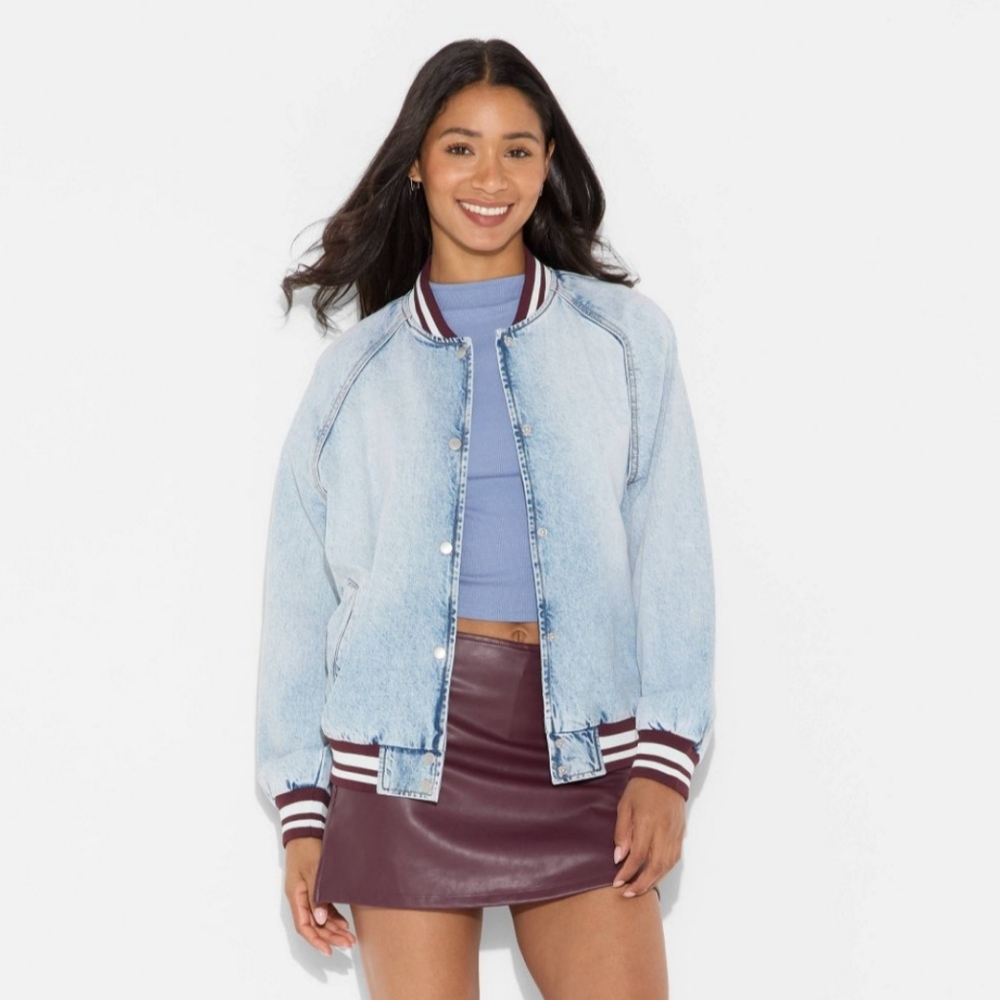 NWT Medium Wash Denim Varsity Jacket Size XXL